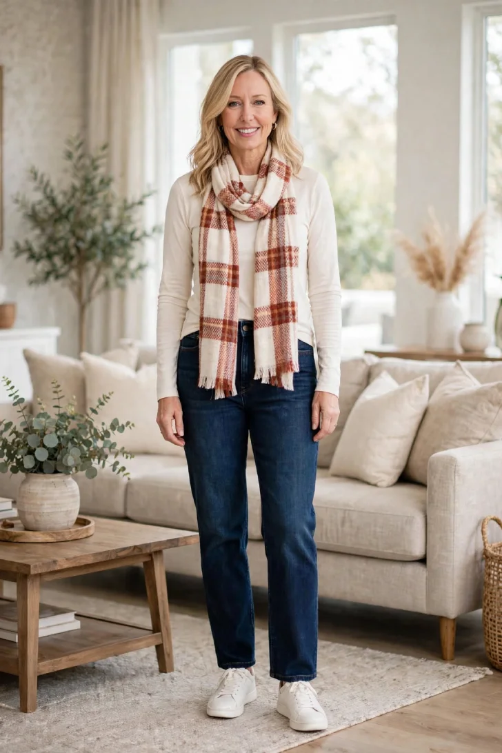Woman over 40 with loose blonde waves wearing cream tee, dark jeans, white sneakers and plaid scarf in living room