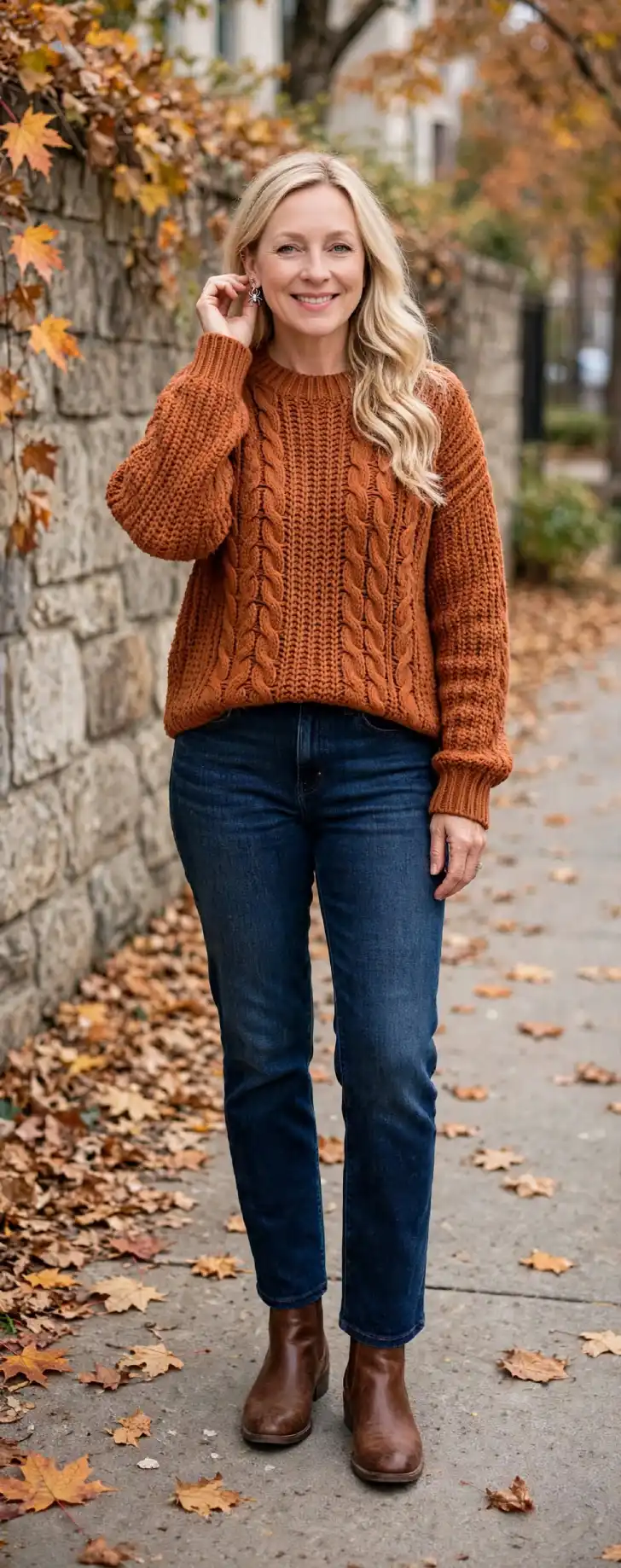 Woman in her 40s with clear skin and loose blonde waves wearing burnt orange chunky cable-knit sweater, dark wash jeans, brown leather boots and mismatched spider stud earring on autumn sidewalk