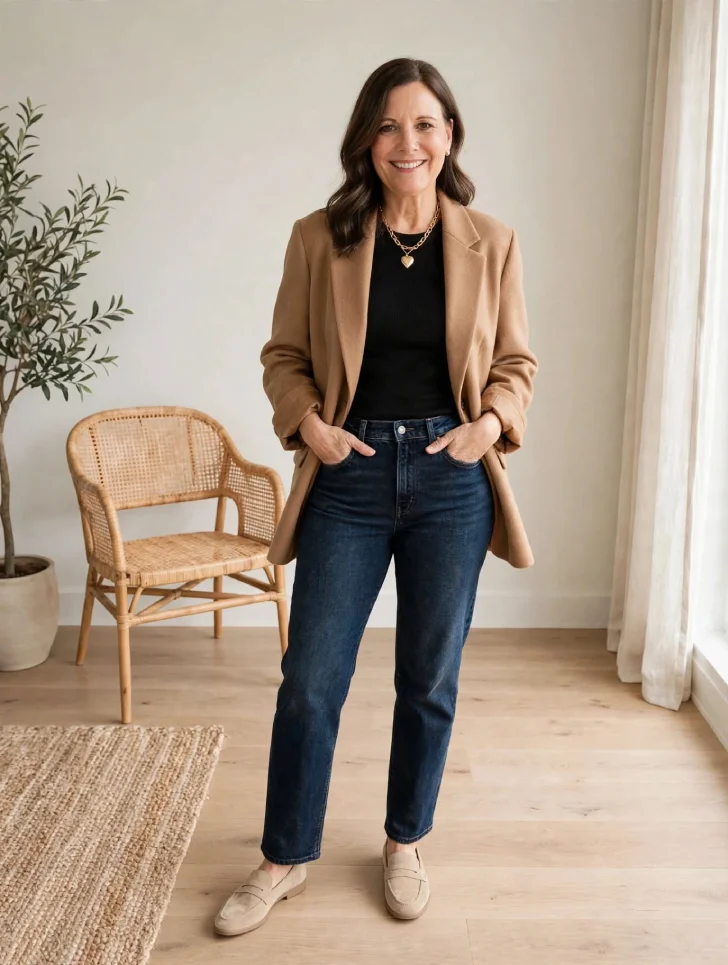 Woman with loose waves one side tucked wearing oversized camel blazer over black fitted knit and dark straight jeans with cream loafers