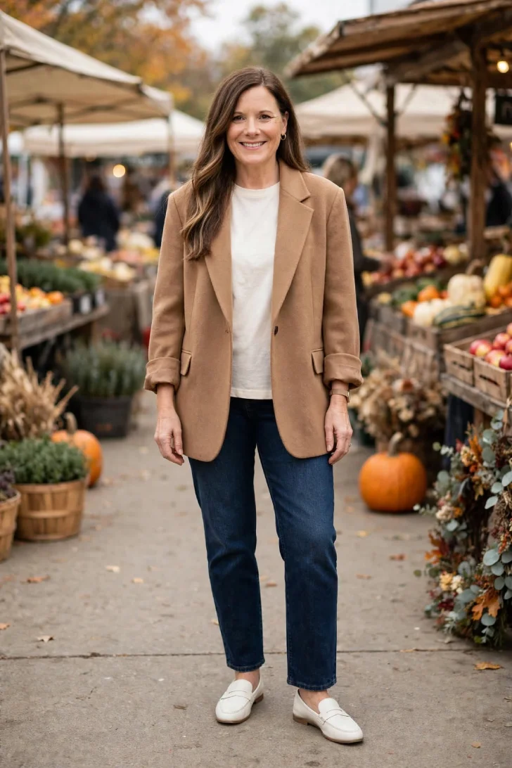  Woman with long straight brown hair wearing camel oversized blazer, white long sleeve tee, dark jeans and white loafers with sleeves rolled