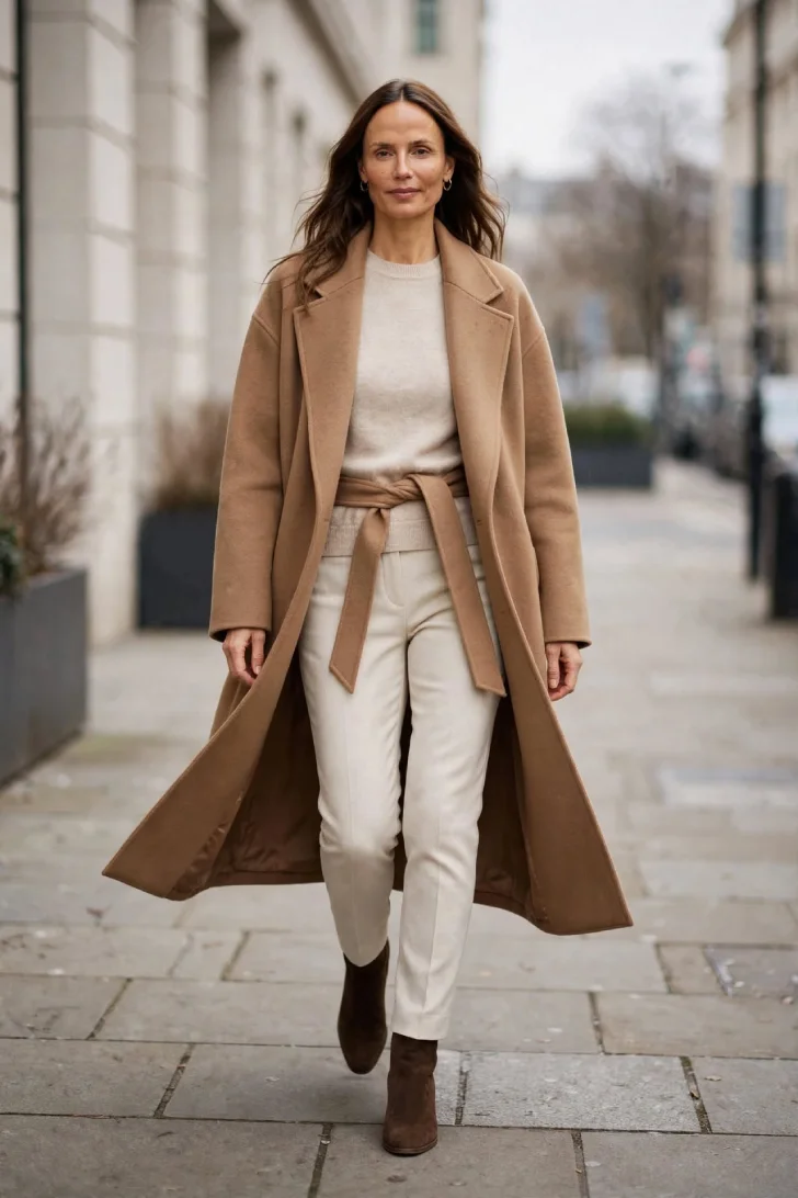 Woman over 40 wearing camel oversized wool coat with oatmeal fitted knit and matching straight trousers and brown suede ankle boots on city sidewalk