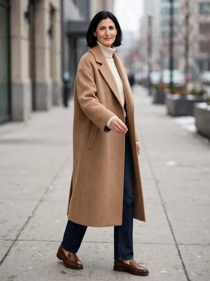 Woman in her 40s with sleek dark bob wearing camel oversized wool coat over ivory turtleneck and dark straight jeans with brown loafers, standing in 3/4 turn on a winter city sidewalk