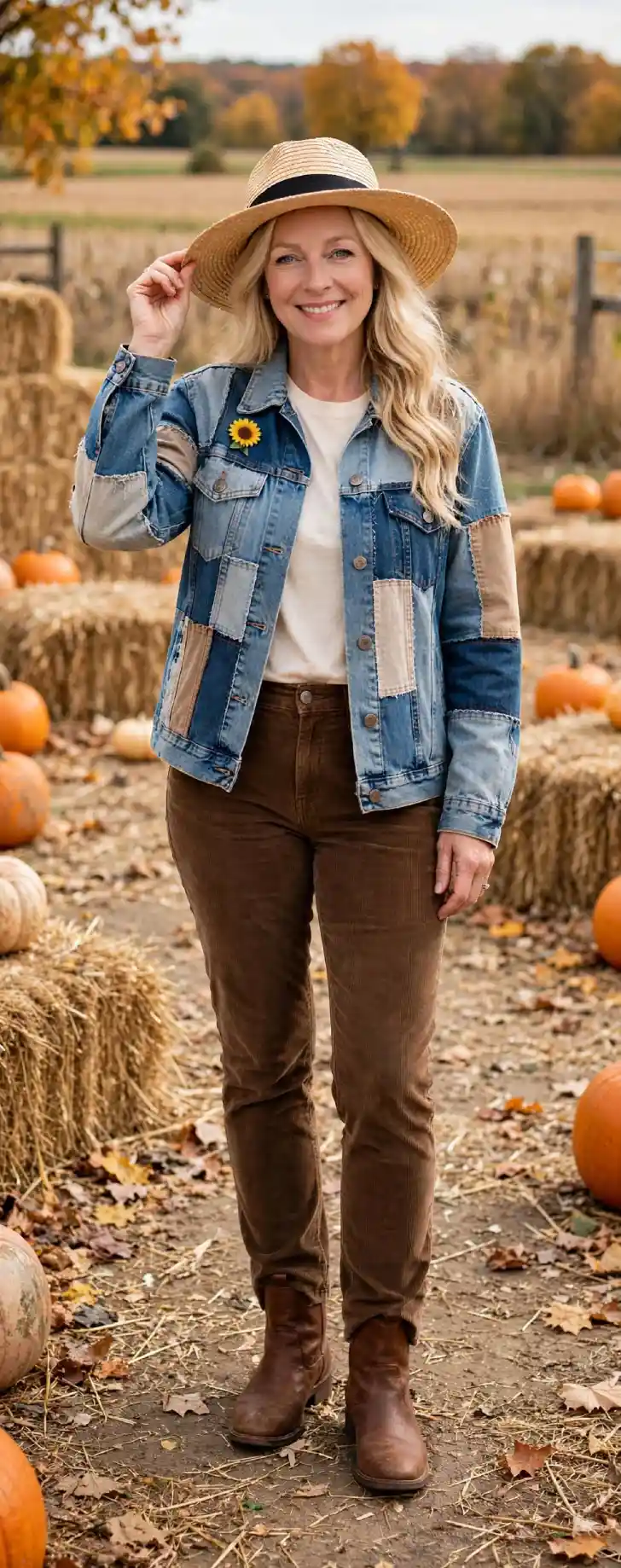 Woman in her 40s with clear skin and loose blonde waves wearing straw hat with black band, patchwork denim jacket with mixed denim patches and sunflower pin, cream tee, brown corduroy pants and brown leather ankle boots in pumpkin patch with hay bales and pumpkins