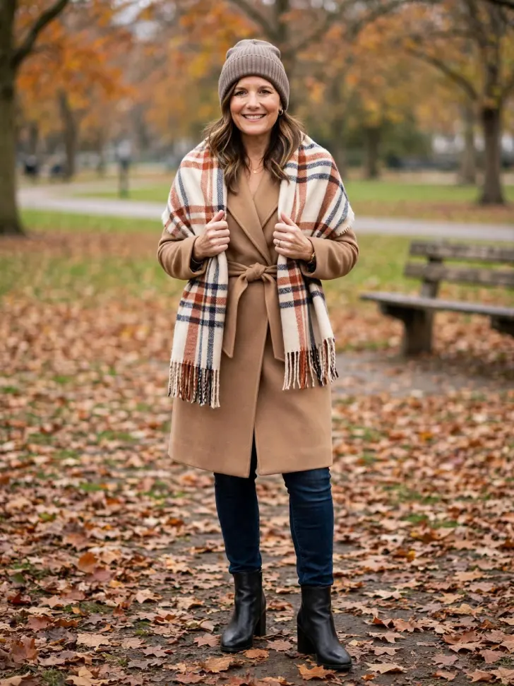  Woman smiling in leafy park wearing camel belted wool coat, large cream rust navy plaid blanket scarf, taupe beanie, dark jeans and black ankle boots