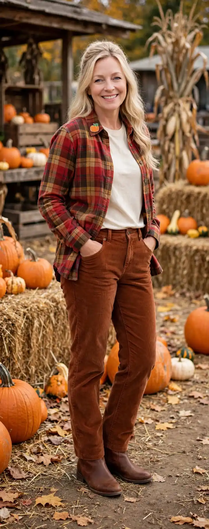  Woman in her 40s with clear skin and half-up blonde waves wearing red brown mustard plaid flannel open over cream tee, rust straight corduroys, brown leather boots and small enamel pumpkin pin in pumpkin patch with hay bales and pumpkins