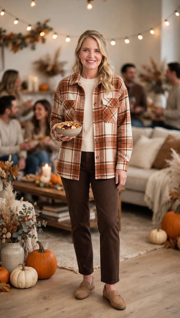 Woman over 40 in rust cream plaid shirt jacket over cream knit with brown pants and tan loafers holding snack bowl at Friendsgiving living room with lights