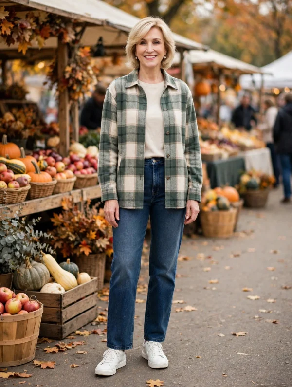 Woman with blonde bob wearing green plaid shirt jacket, cream tee, dark jeans, and white sneakers at farmers market