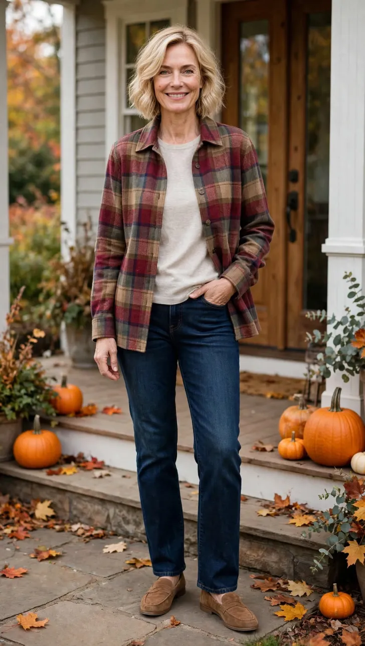 Woman with short wavy blonde bob wearing muted plaid shirt jacket, oatmeal tee, dark jeans, and brown loafers on fall porch with pumpkins