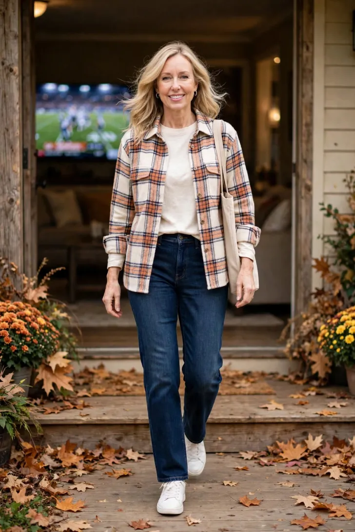 Woman over 40 with loose blonde waves wearing cream and rust plaid shacket over cream tee and dark jeans on leaf-covered porch