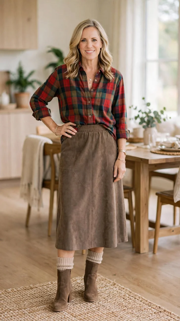  Woman over 40 with blonde wavy hair wearing red and green plaid shirt tucked into taupe suede midi skirt with cream socks and brown ankle boots near dining table.