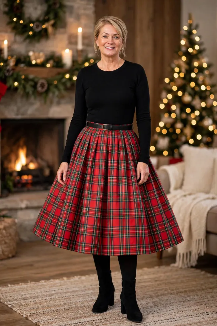  Woman over 40 wearing red and green plaid taffeta full midi skirt with black long-sleeve bodysuit, black tights and black suede ankle boots in cozy Christmas living room with fireplace