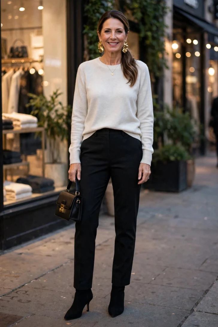 Woman over 40 wearing ivory crew sweater, black tailored trousers, large gold sculptural earrings and small black structured bag with heeled ankle boots
