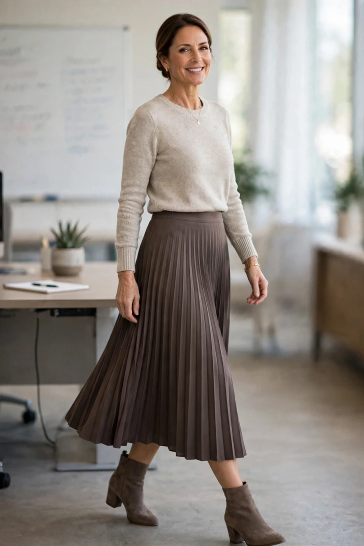 Woman over 40 wearing oatmeal fitted knit and deep taupe matte pleated midi skirt with taupe suede ankle boots near office desk