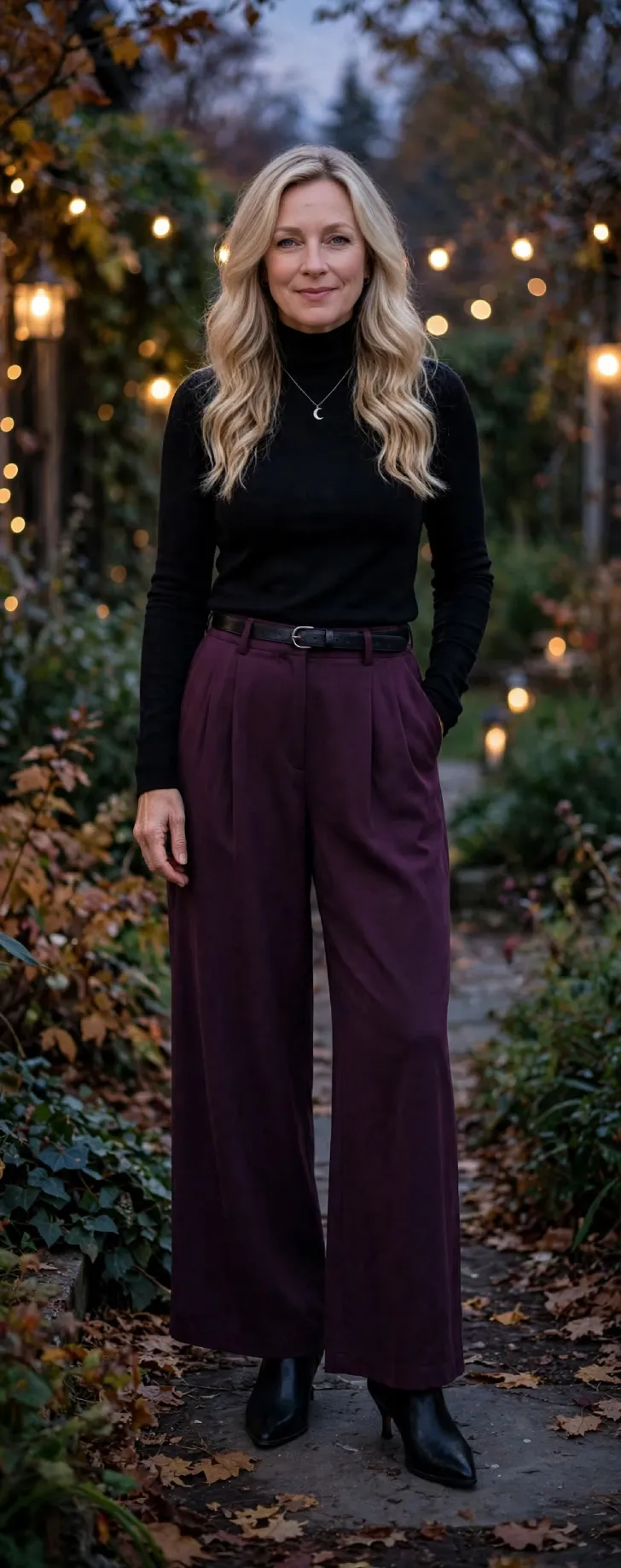 Woman in her 40s with clear skin and loose blonde waves wearing black fitted turtleneck, plum wide-leg pants, black belt and black pointed ankle boots with silver crescent moon necklace in twilight autumn garden with string lights