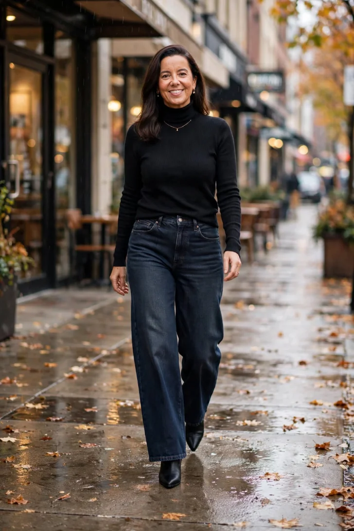 Woman over 40 wearing dark wide-leg jeans with full hem over black pointed ankle boots and black turtleneck walking on fall sidewalk