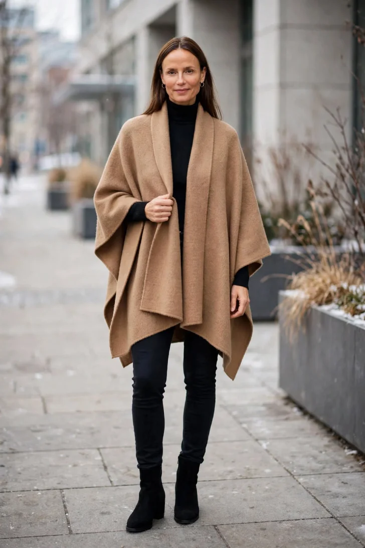 Woman over 40 wearing camel wool poncho over black fitted turtleneck with black skinny pants and black suede ankle boots on winter sidewalk