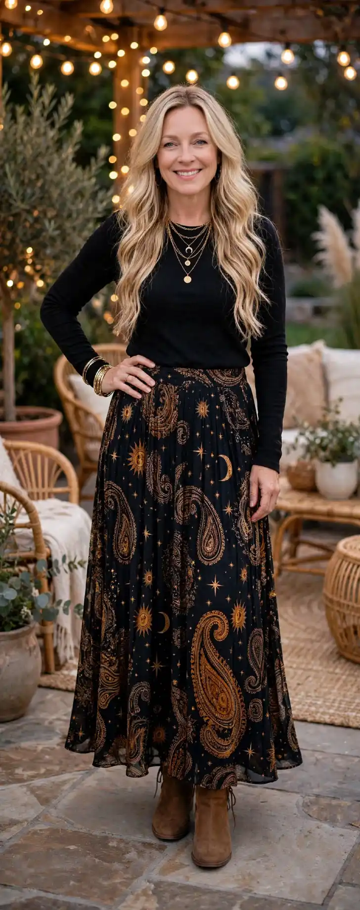 Woman in her 40s with clear skin and loose blonde waves wearing black long-sleeve tee, black maxi skirt with gold celestial paisley sun moon stars print, brown suede ankle boots and layered gold necklaces and bangles on evening patio with string lights