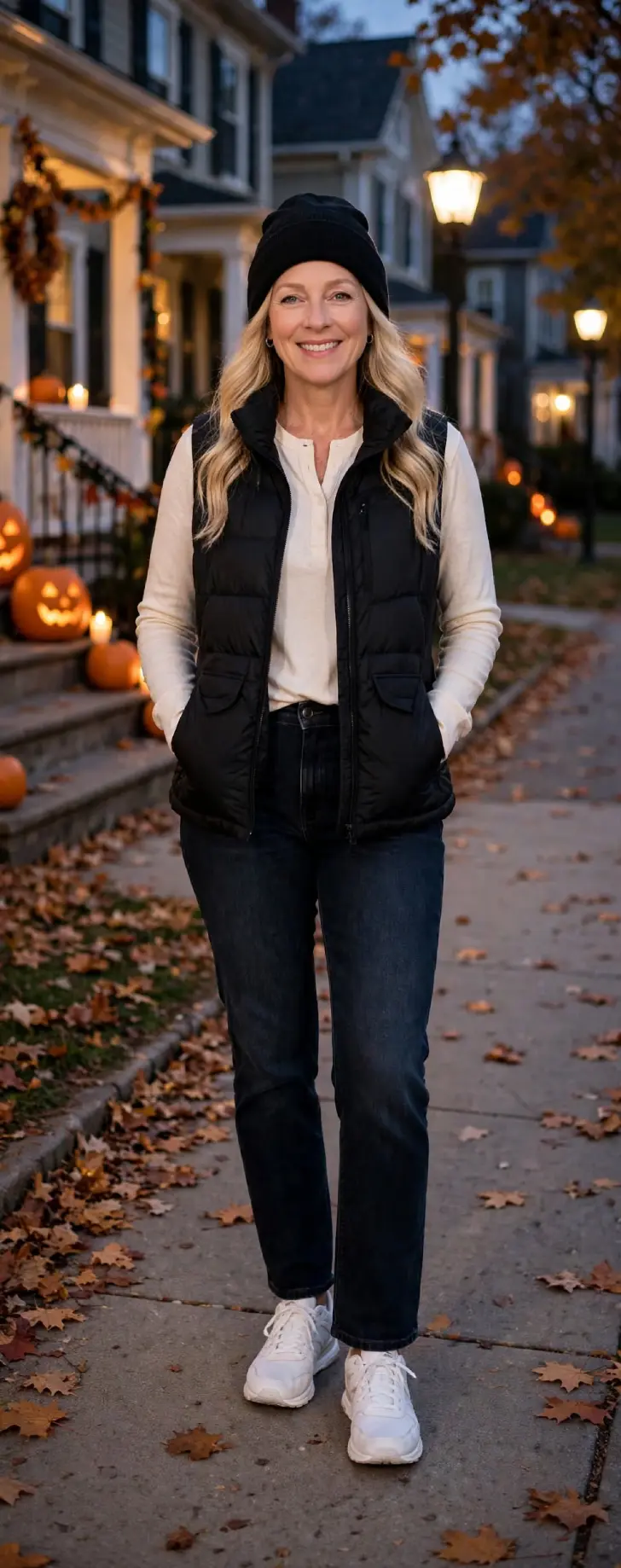 Woman in her 40s with clear skin and loose blonde waves wearing black knit beanie, black puffer vest over cream long-sleeve henley tee, dark jeans and white walkable sneakers on evening residential sidewalk with jack-o-lanterns and street lights