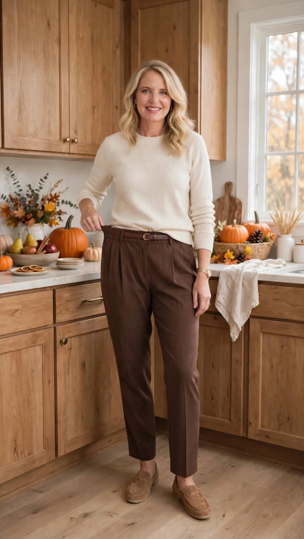 Woman over 40 in cream ribbed knit and chocolate pull-on pleated pants with elastic waistband and tan loafers showing stretch in kitchen