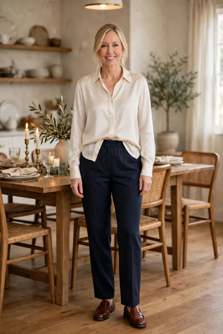  Woman over 40 with low bun wearing cream silky blouse with half-tuck and ink pull-on trousers in dining room