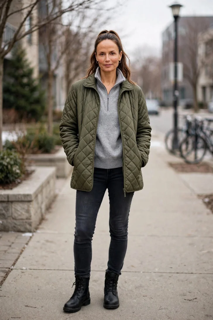 Woman over 40 wearing gray quarter-zip sweater under olive quilted jacket with dark skinny jeans and black lace-up boots on sidewalk