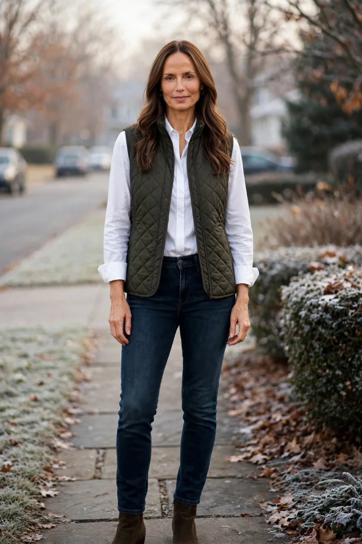 Woman over 40 wearing olive quilted vest with narrow stitching over white long sleeve shirt with dark jeans and brown ankle boots on frosty morning