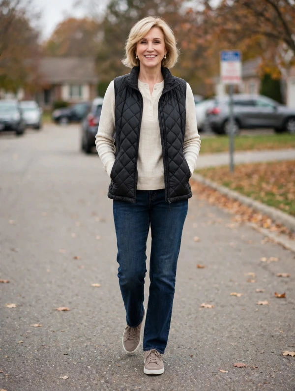 Woman with blonde bob wearing black quilted vest, cream waffle henley, dark jeans, and taupe sneakers on suburban street