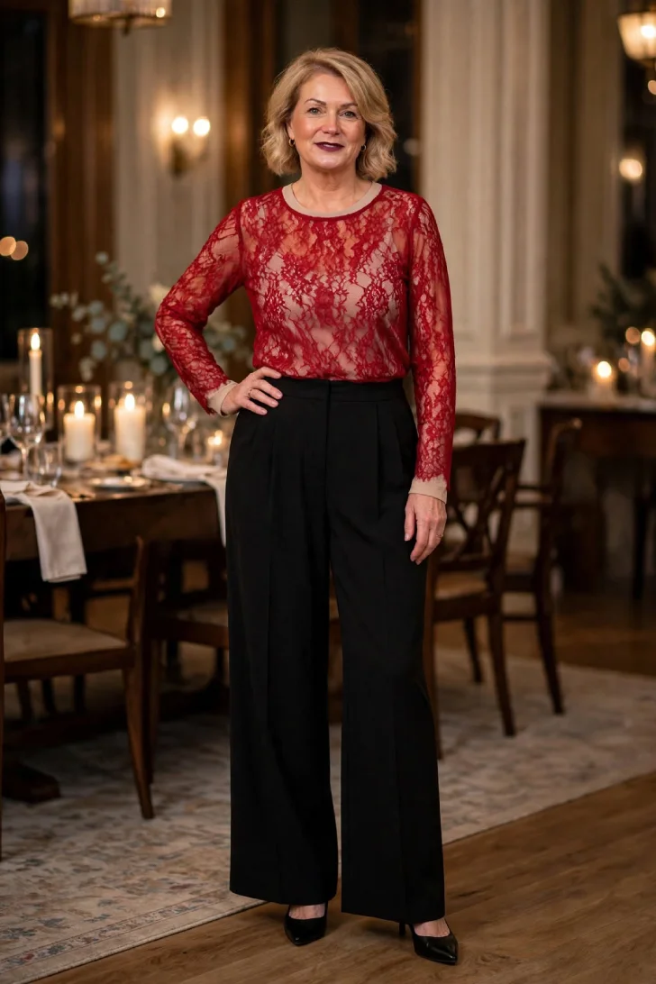 Woman over 40 wearing red long-sleeve lace top layered over nude camisole tucked into black high-waisted wide-leg trousers with black pointed pumps in dinner party dining room