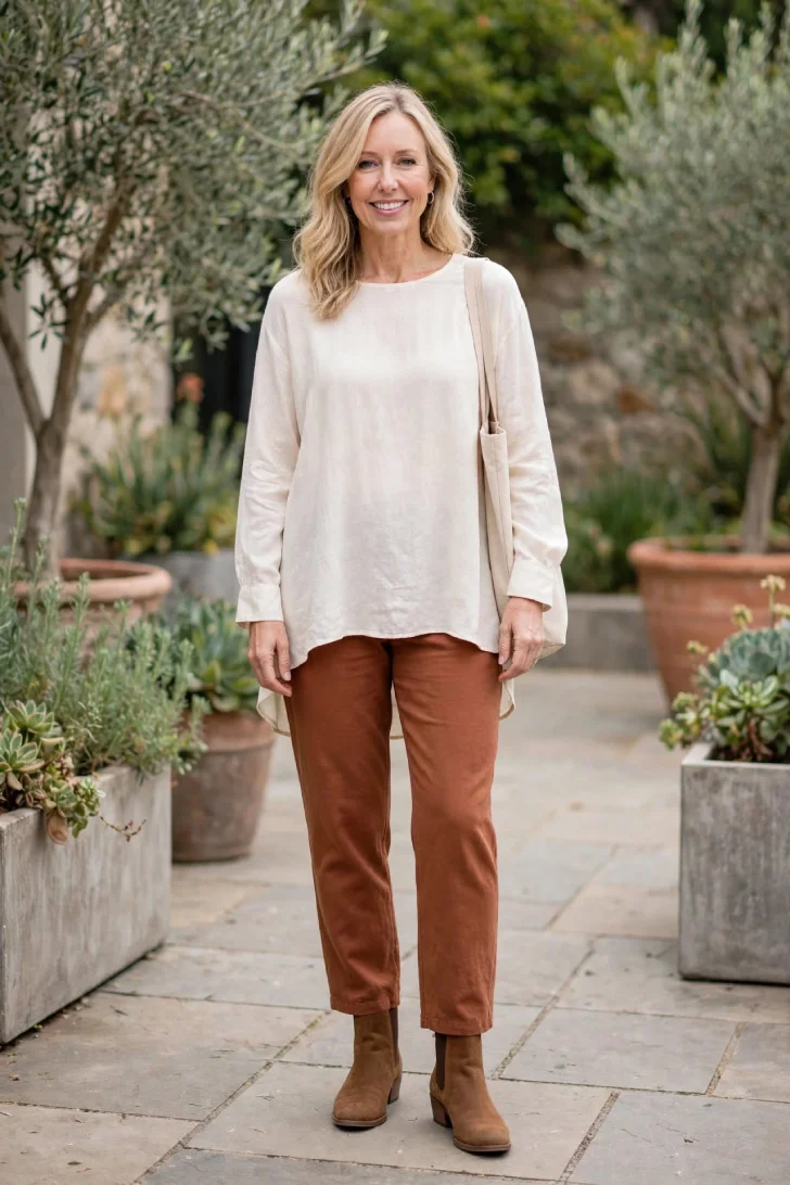 Woman over 40 with soft blonde waves wearing cream long blouse, rust pants and brown ankle boots on patio