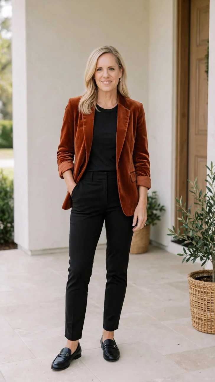 Woman over 40 with straight blonde hair wearing rust velvet blazer, black tee, black ponte pants and black loafers with sleeves rolled, standing on porch.