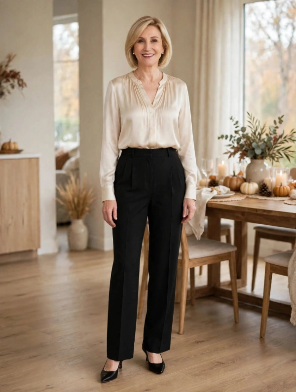 Woman with blonde bob wearing champagne satin blouse and black tailored trousers beside Thanksgiving dining table