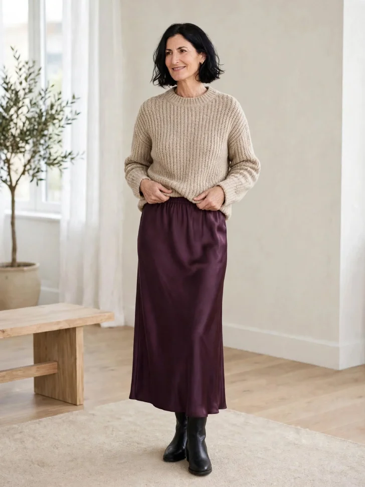Woman in her 40s with loose wavy dark bob wearing oatmeal ribbed sweater and deep plum satin midi skirt with black ankle boots in bright interior