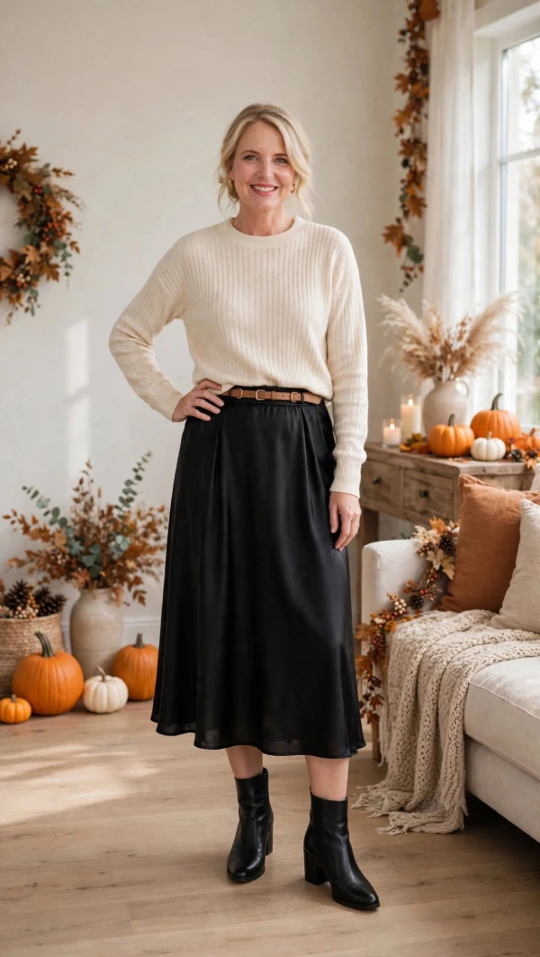 Woman over 40 in cream ribbed knit and black satin midi skirt with black ankle boots in fall living room