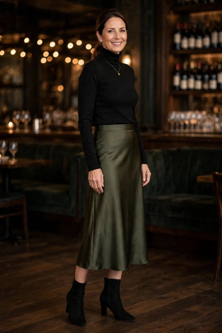  Woman over 40 wearing olive satin midi skirt, black matte turtleneck tucked in and black heeled ankle boots in wine bar