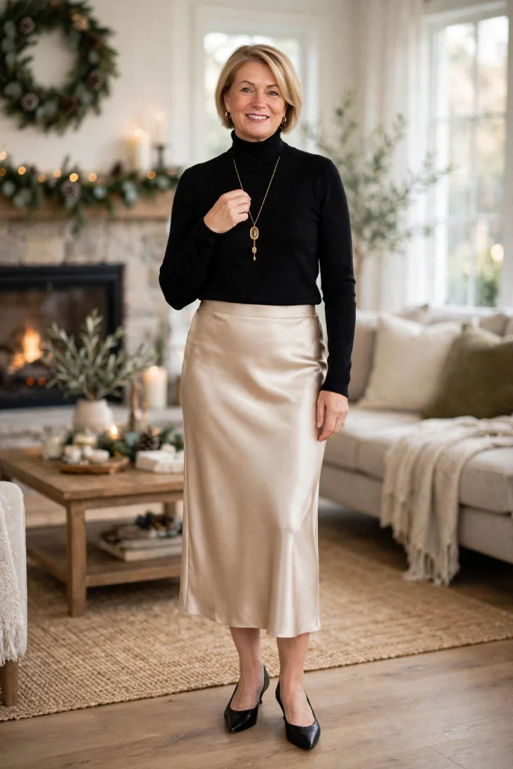 Woman over 40 wearing black fitted turtleneck tucked into champagne satin bias-cut midi skirt, black pointed low heels and long gold pendant in festive living room with fireplace