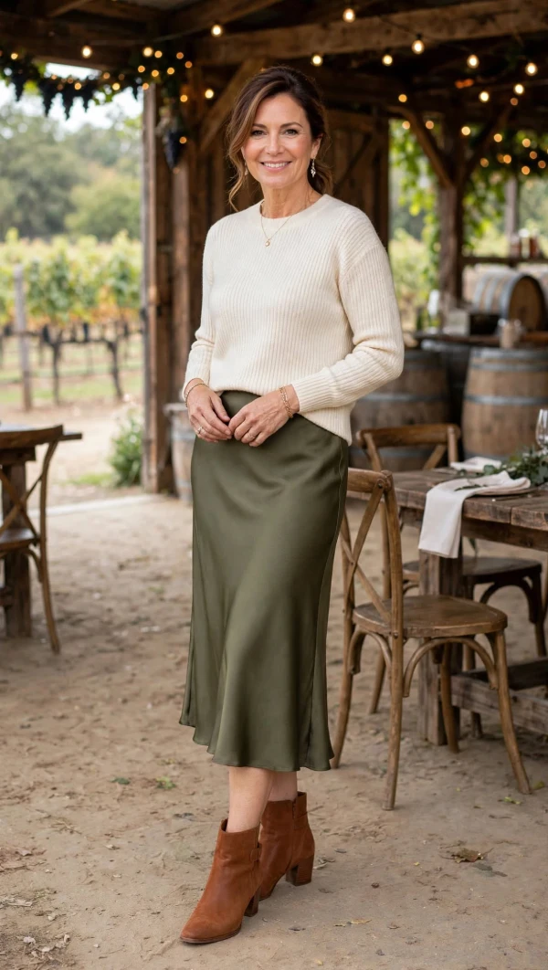 Woman over 40 wearing olive satin slip skirt mid-calf, cream ribbed merino knit tucked in, and cognac block heel ankle boots in vineyard barn venue