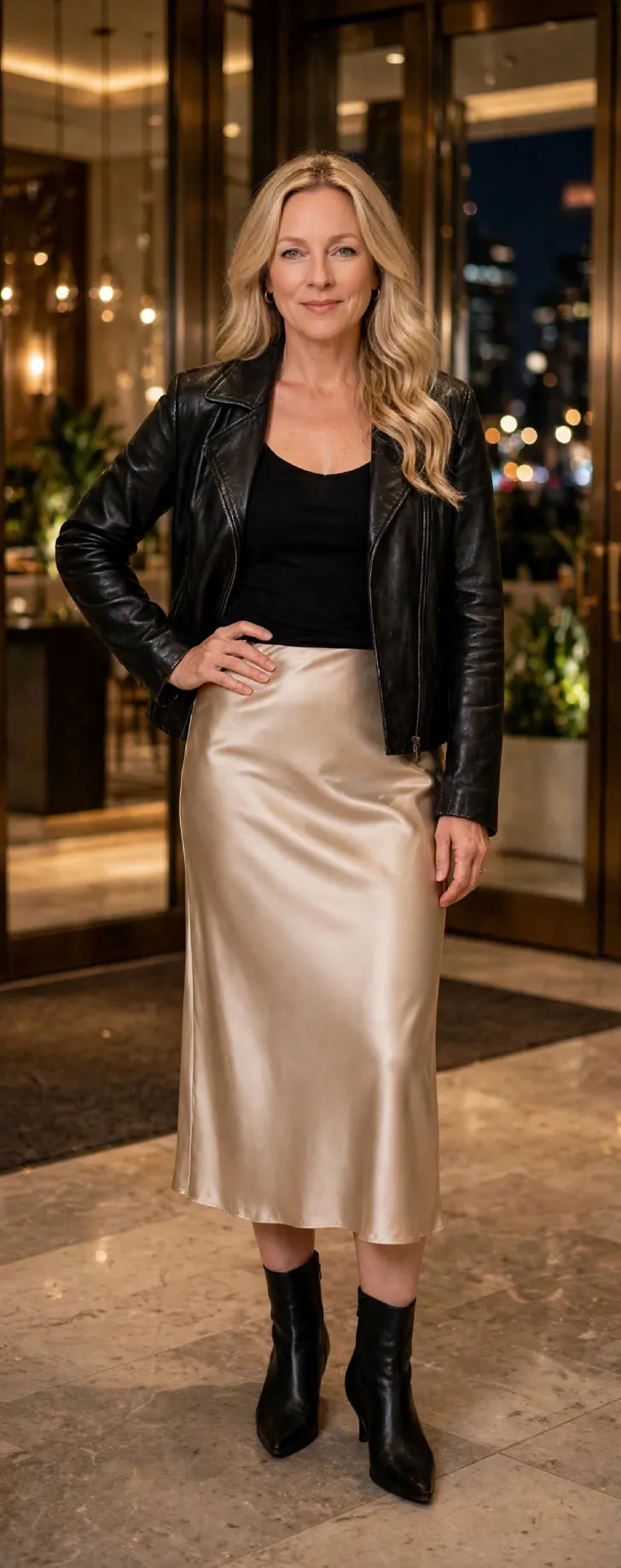 Woman in her 40s with clear skin and loose blonde wavy hair wearing black leather jacket open over black cami, champagne satin slip midi skirt and black heeled ankle boots in evening lobby with warm lights