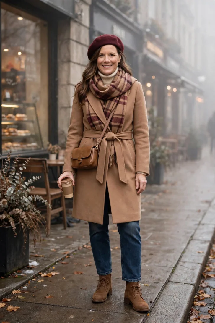 Woman with long wavy brown hair wearing burgundy beret, camel tailored coat, plaid scarf, cream turtleneck, blue jeans and brown booties holding coffee on foggy street
