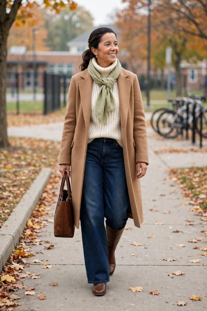 Woman over 40 wearing wide-leg jeans, cream turtleneck, camel coat, light green scarf and brown tall knee-high boots carrying tote