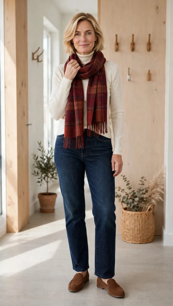 Woman with short blonde bob wearing ivory turtleneck, dark straight jeans, rust plaid wool scarf with fringe, and brown loafers in bright hallway