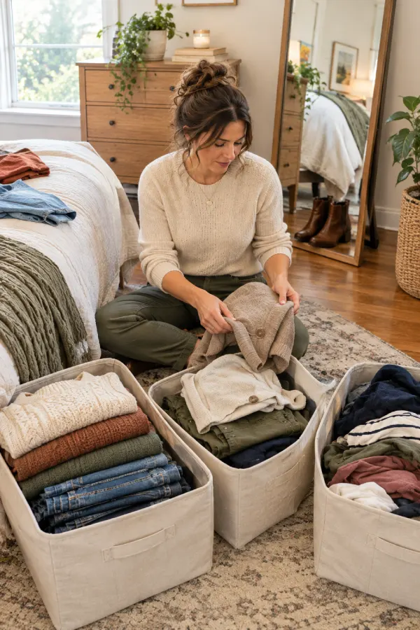 Woman sorting folded sweaters and jeans into fabric bins for seasonal closet organization.