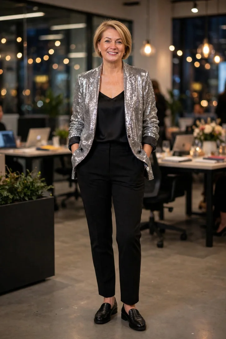  Woman over 40 wearing silver sequin blazer over black silk camisole and black straight trousers with black loafers in office party setting