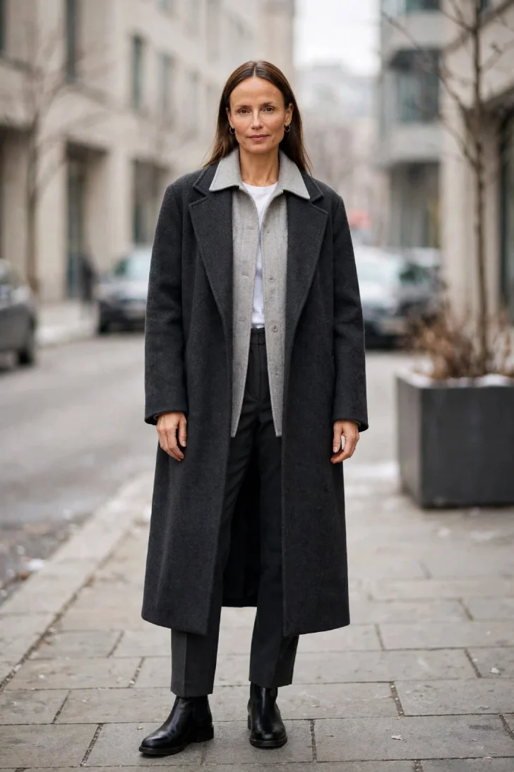 Woman over 40 wearing charcoal long wool coat over light gray shirt jacket and white tee with dark straight pants and black ankle boots
