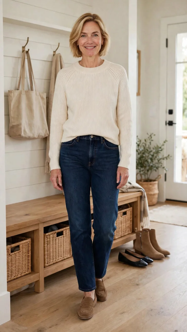 Woman with short blonde bob wearing cream ribbed sweater, dark straight jeans, and brown loafers in entryway with black flats and tan ankle boots on floor