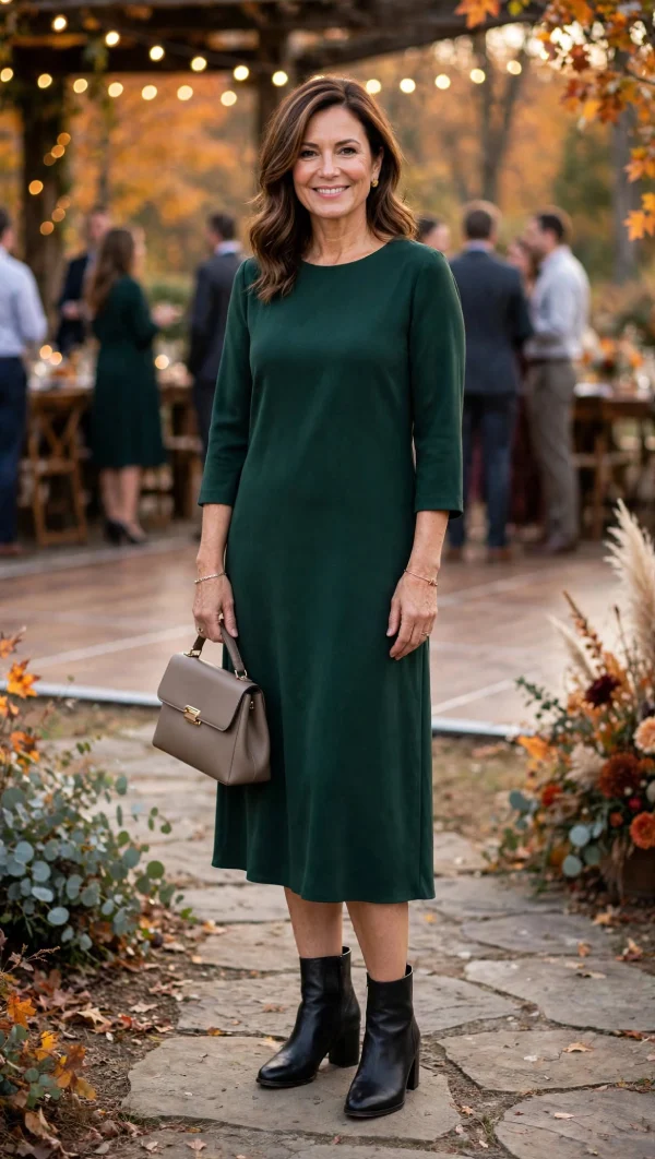  Woman over 40 wearing deep green crepe midi dress and black leather block heel ankle boots with cushioned sole standing on stone pathway at fall wedding reception