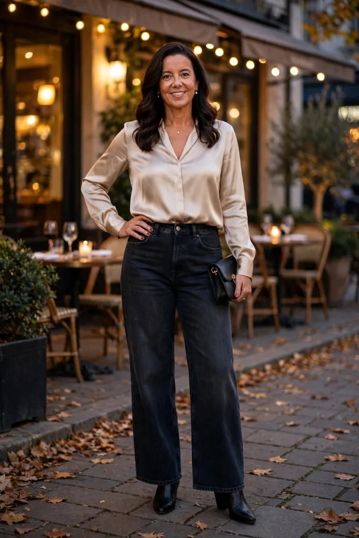 Woman over 40 wearing dark wide-leg jeans, champagne silk blouse tucked in, black ankle boots and clutch at evening bistro
