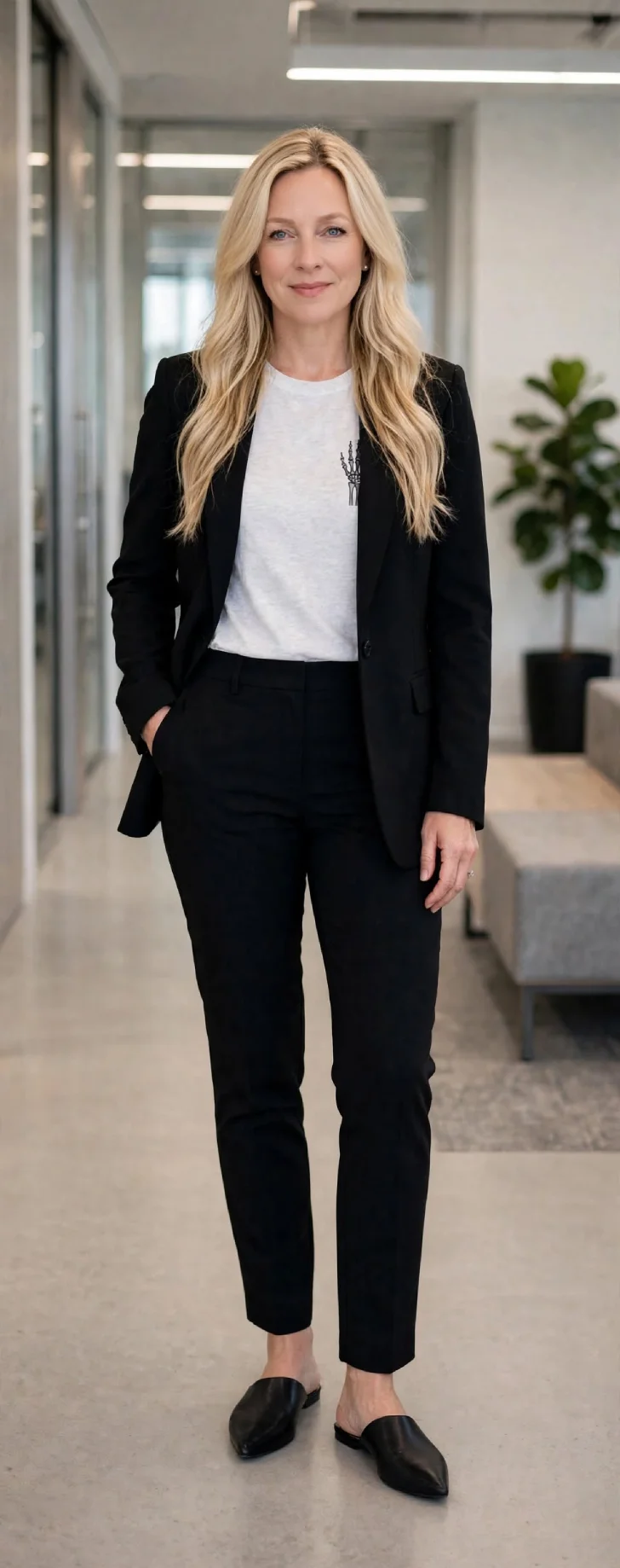 Woman in her 40s with clear skin and loose straight blonde hair wearing black blazer open over white heather tee with subtle skeleton hand chest print, black tailored trousers and black pointed mules in modern office hallway