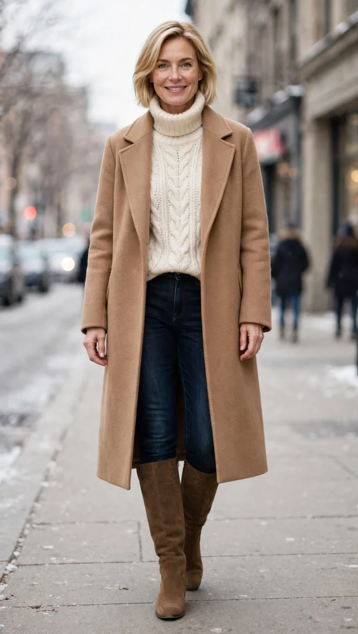 Woman with short blonde bob wearing dark skinny jeans tucked into brown suede knee-high boots, cream cable turtleneck sweater and long camel coat on winter sidewalk