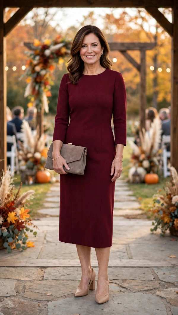 Woman over 40 wearing deep burgundy crepe midi dress with 3/4 sleeves, taupe clutch, and nude block heels at outdoor fall wedding ceremony