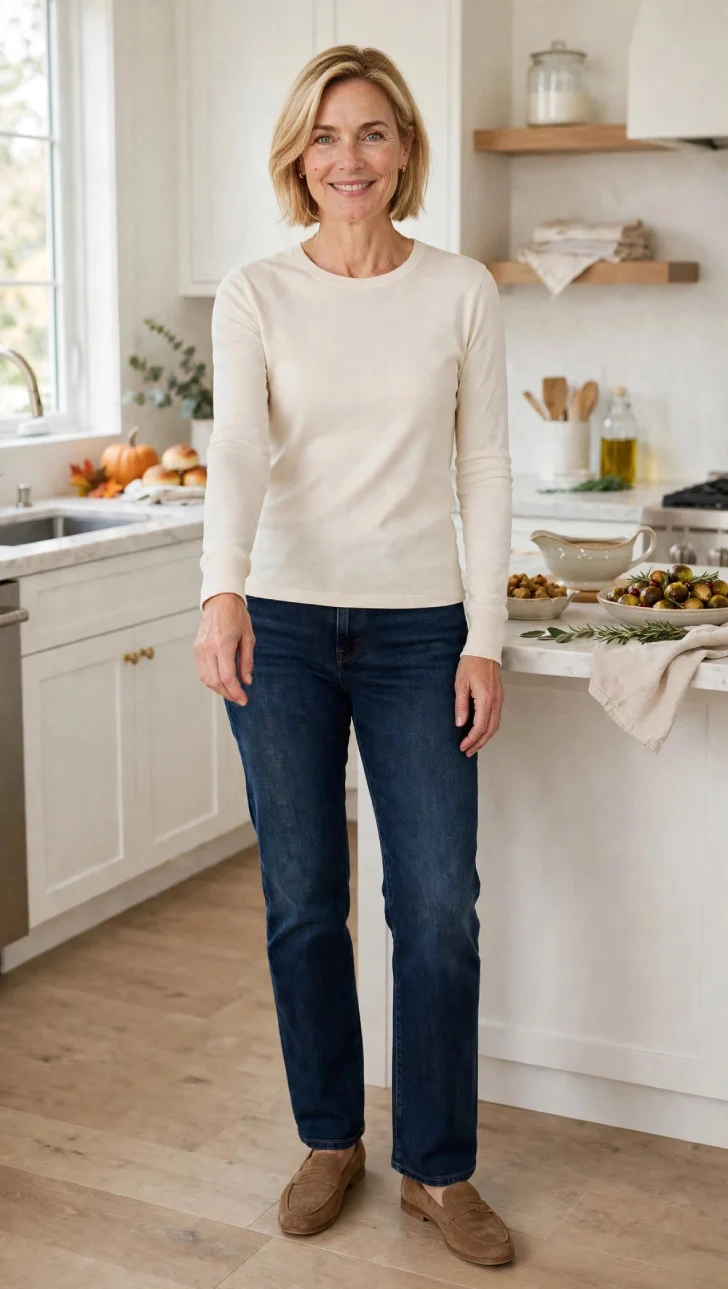 Woman with short blonde bob wearing cream fitted long-sleeve tee with snug wrist cuffs and dark straight jeans in kitchen with gravy boat on counter